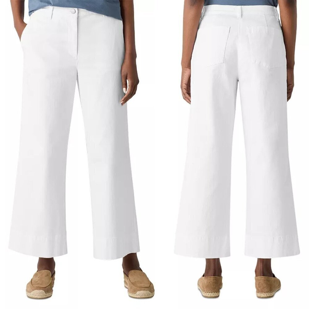 Eileen Fisher White Cotton Stretch Wide Ankle Pants 20637